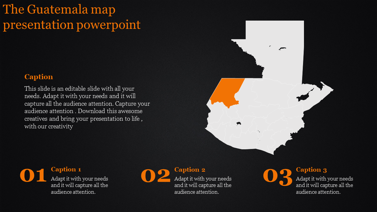 Map of Guatemala highlighting a region in orange with three numbered captions below.