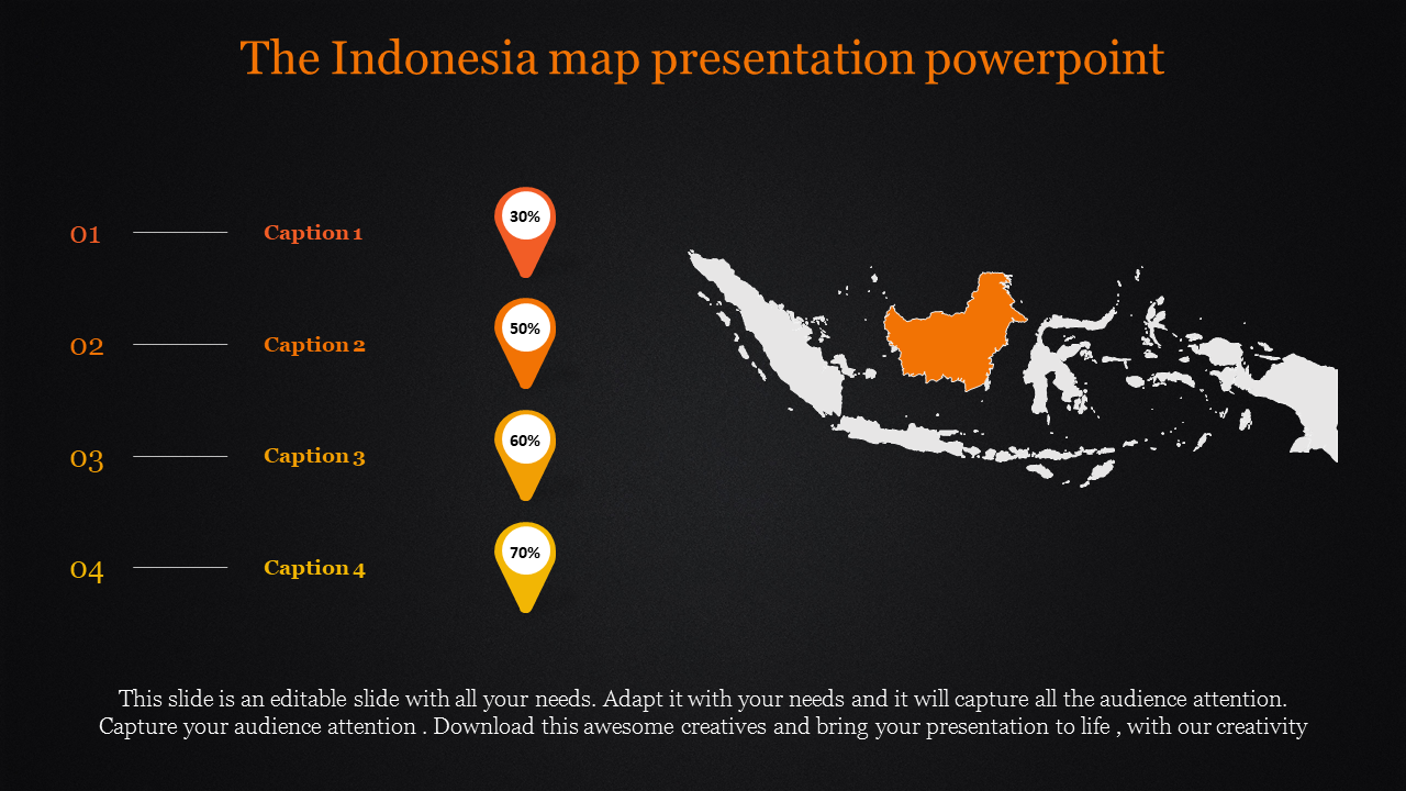 Indonesia map PowerPoint slide with sections and captions representing different regions and percentages on a dark theme.