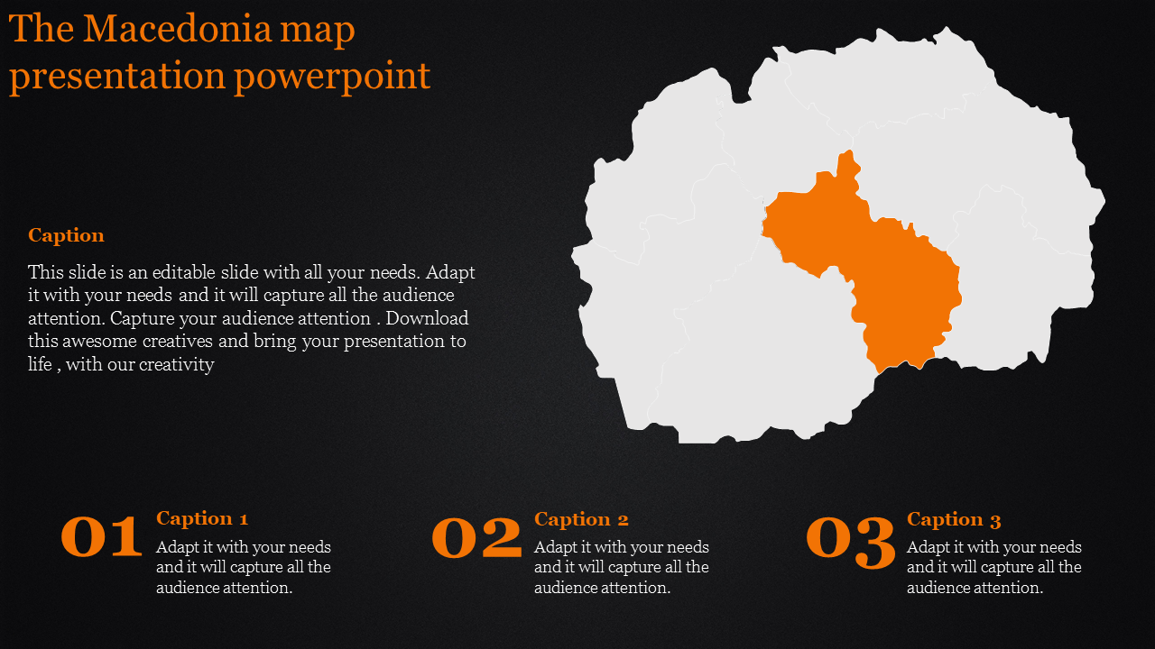 Map of Macedonia with one region highlighted in orange, alongside three numbered captions on a dark background.