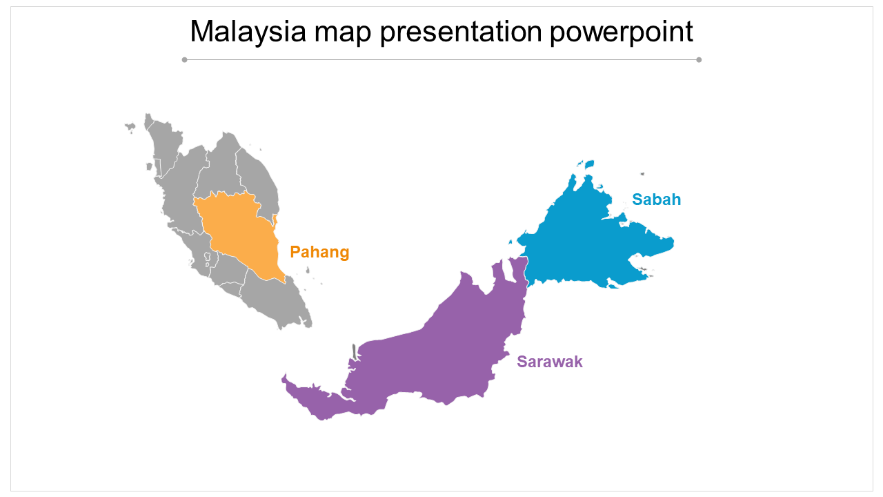 Malaysia map with regions highlighted in gray, yellow, blue, and purple, labeled as Pahang, Sabah, and Sarawak.