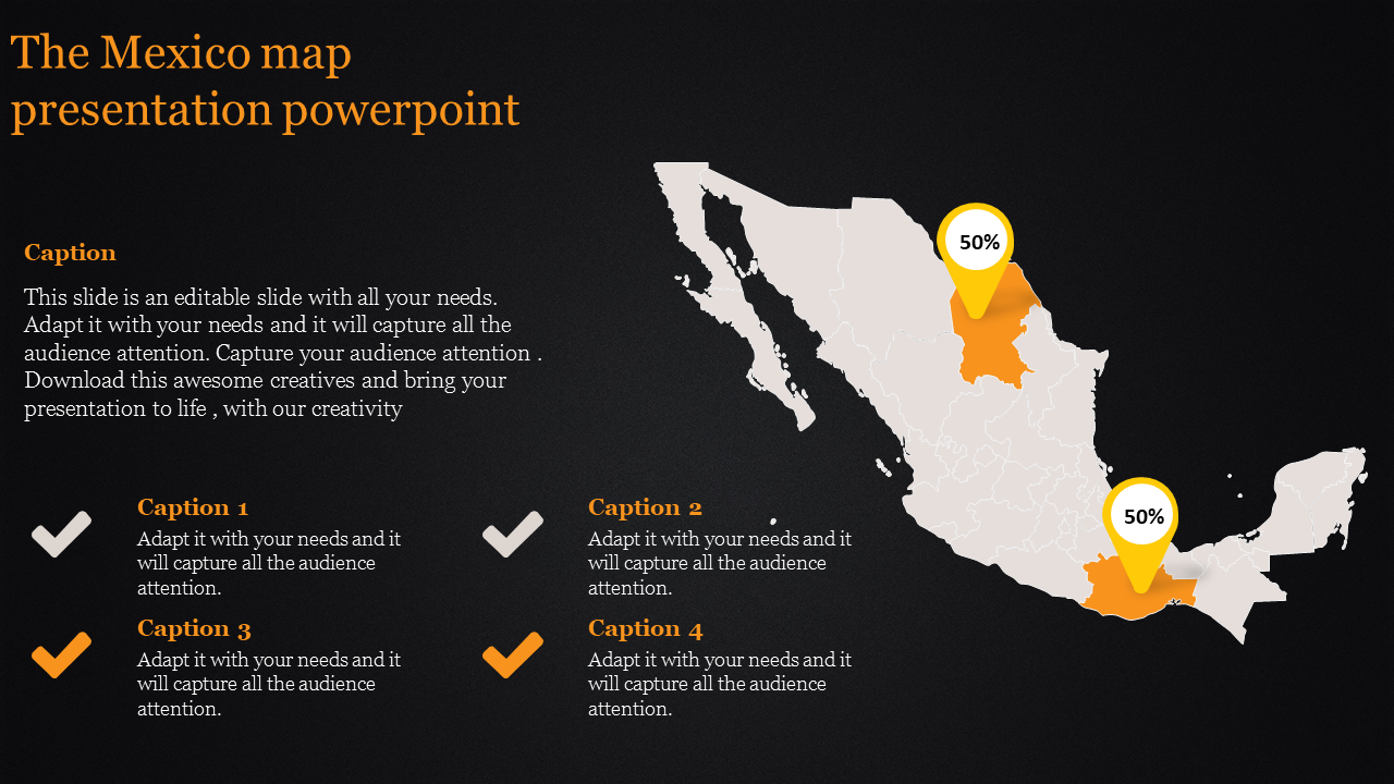 Mexico map PowerPoint slide with highlighted regions showing specific locations with captions on a dark backdrop.