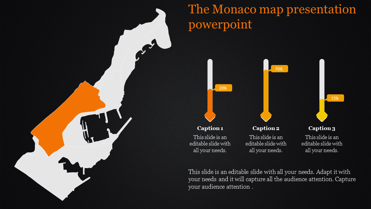 White Monaco map with one highlighted orange region and three vertical bars labeled with percentages on a black background.