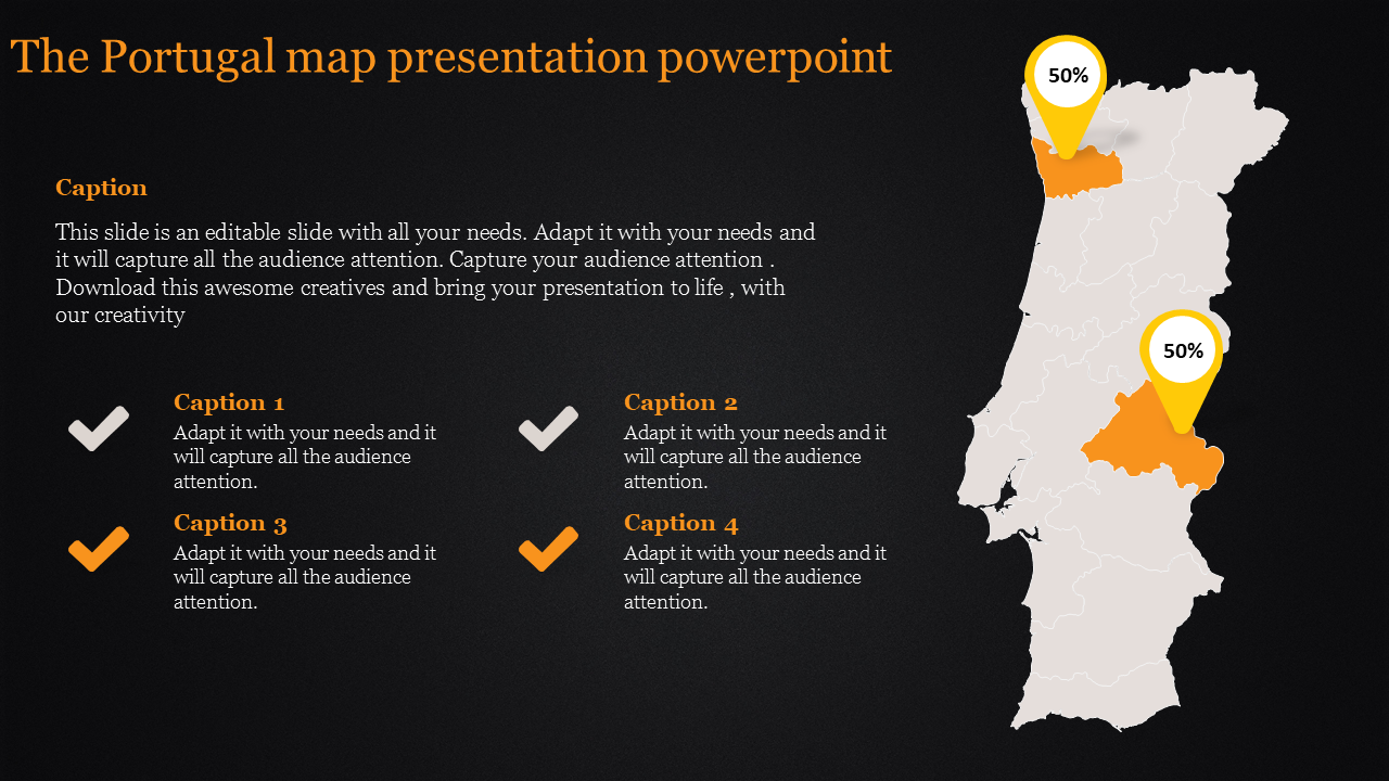 Portugal map PowerPoint slide featuring highlighted regions and sections with captions on a dark backdrop.