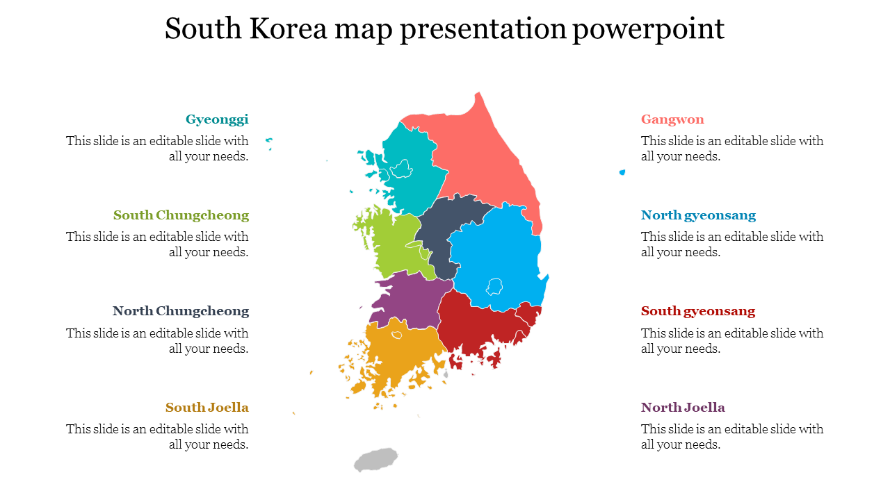 Colorful map of South Korea displaying various regions with corresponding captions.