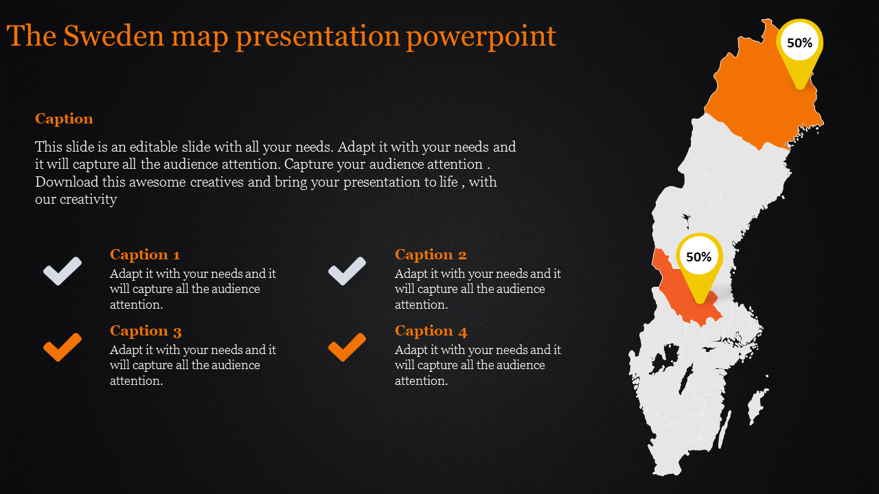 Sweden map PowerPoint slide with highlighted regions and progress percentages on a dark backdrop.