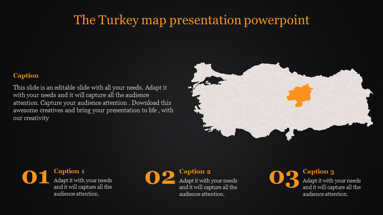 Turkey map with an orange-highlighted area, accompanied by three caption sections below with placeholders.