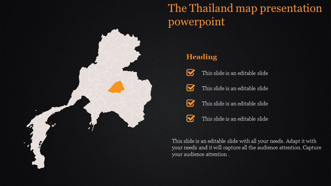 Thailand map with an orange highlighted area and bullet points on a dark background with placeholder text.