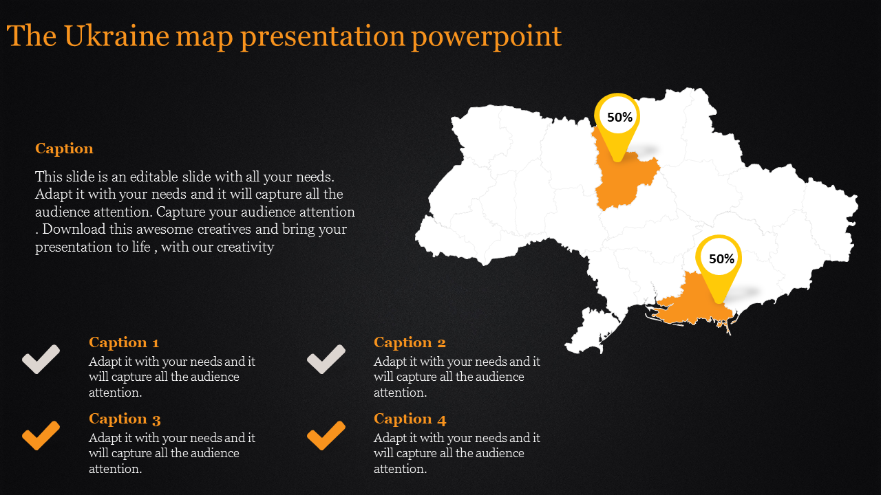 Map of Ukraine with two regions highlighted in orange, with percentage markers, alongside captions on a dark background.