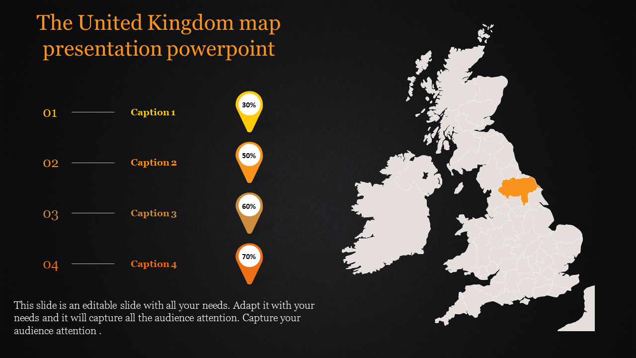 Map of the United Kingdom with a highlighted region and progress indicators with placeholder text on a dark backdrop.