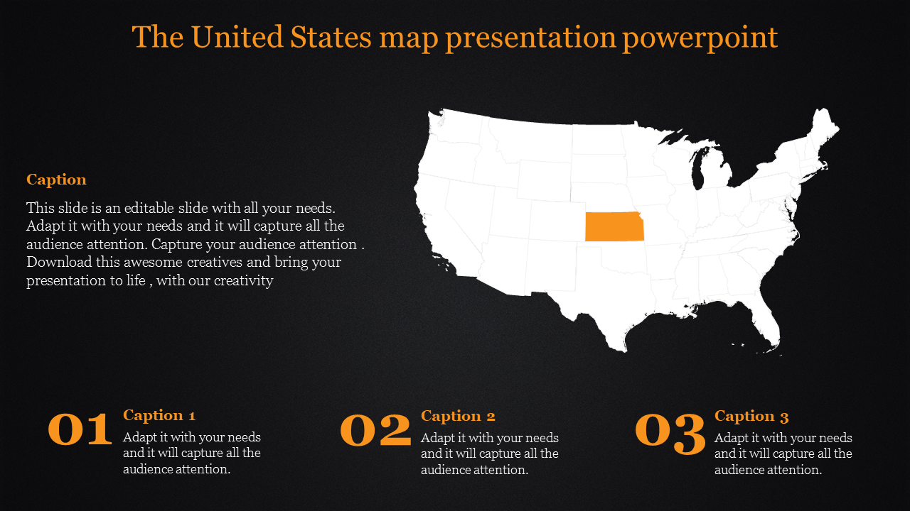 United States map slide with orange highlight, featuring three numbered captions below, on a black background.