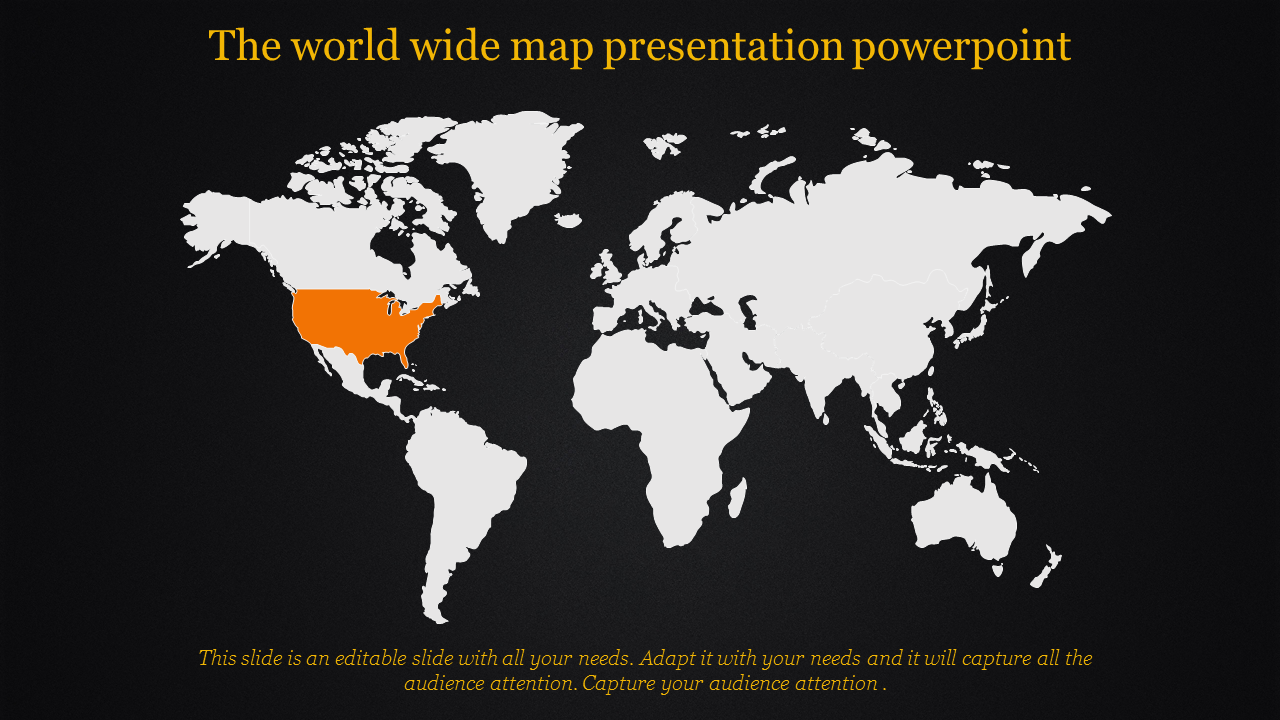 PowerPoint slide featuring a world map with the United States highlighted on a dark backdrop.