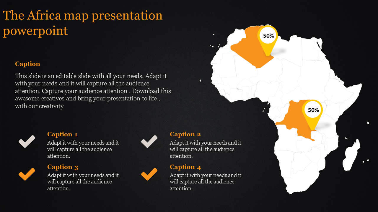 Slide featuring Africa map with two percentage markers in orange and four checkmark captions on a dark background.