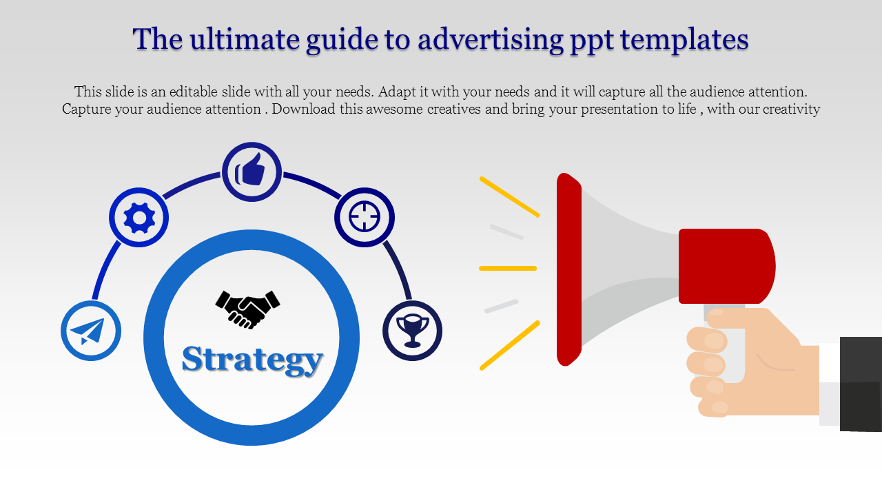 Slide showcasing a strategy theme with interconnected icons and a megaphone illustration with a caption area.