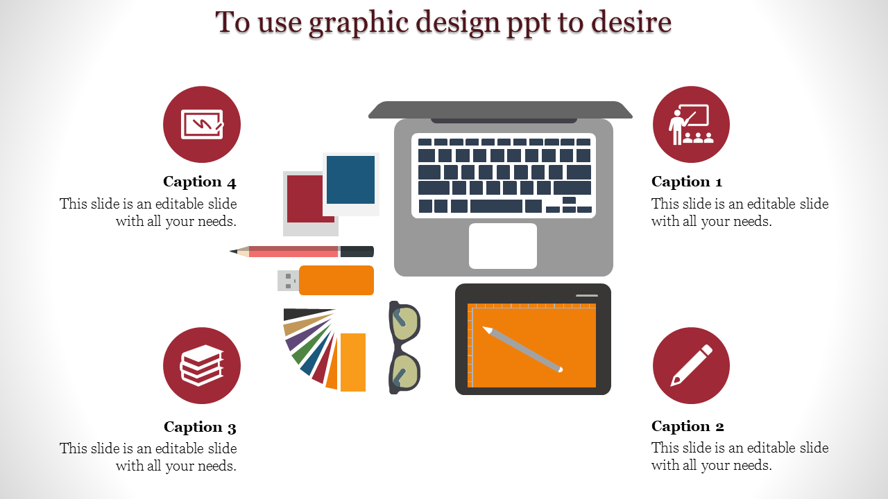 Graphic design tools arranged on a desk, including a laptop, color palette, pens, and drawing tablet with captions.