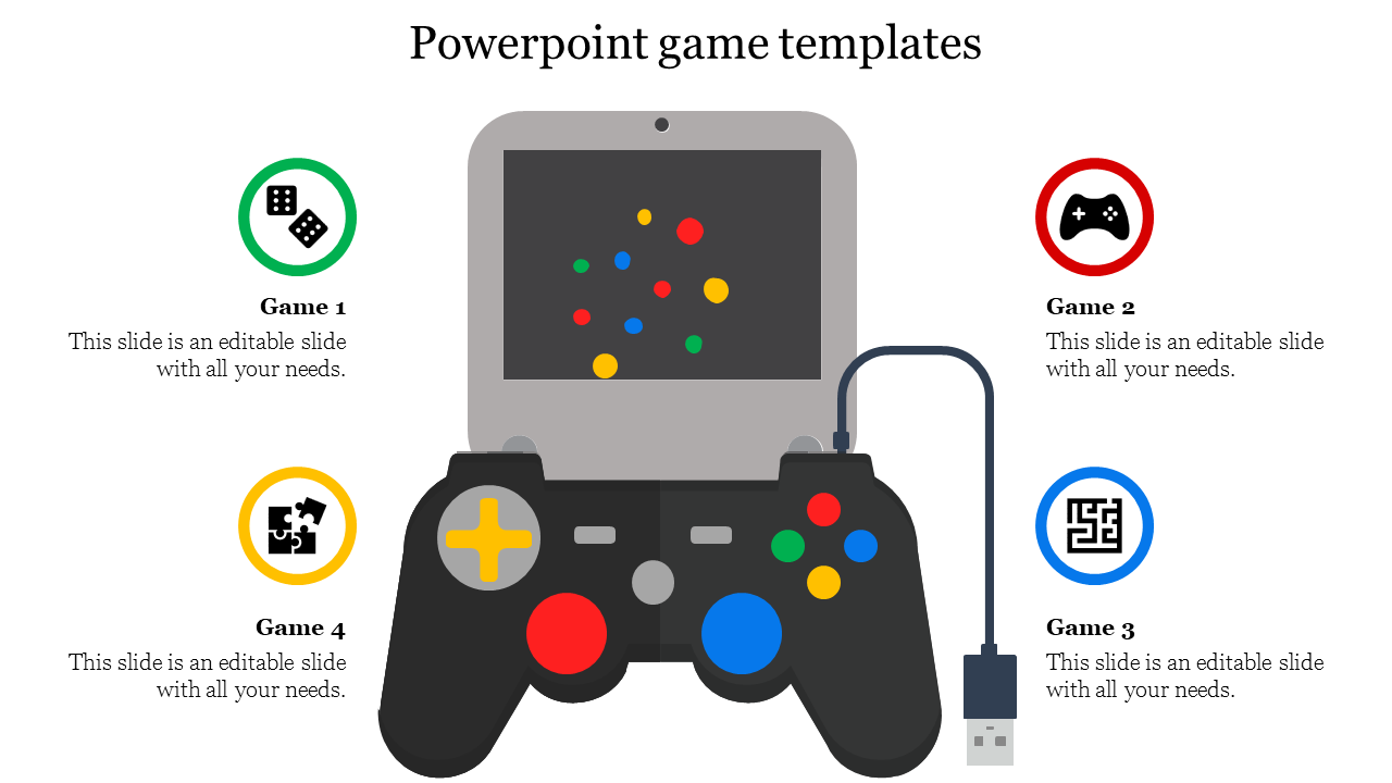 Slide featuring a gaming console with a controller and icons for different game types, including dice and puzzles.