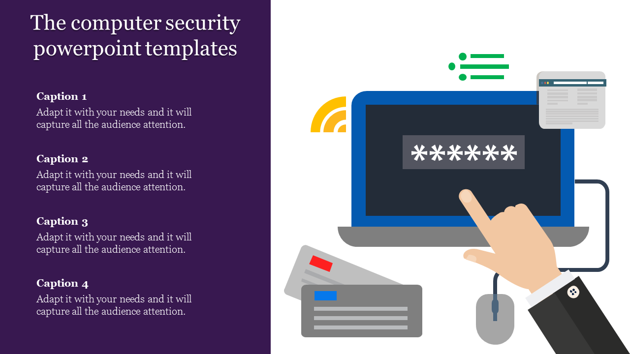 Computer security layout with a laptop screen showing password field, and hand icon, with captions on a purple sidebar.