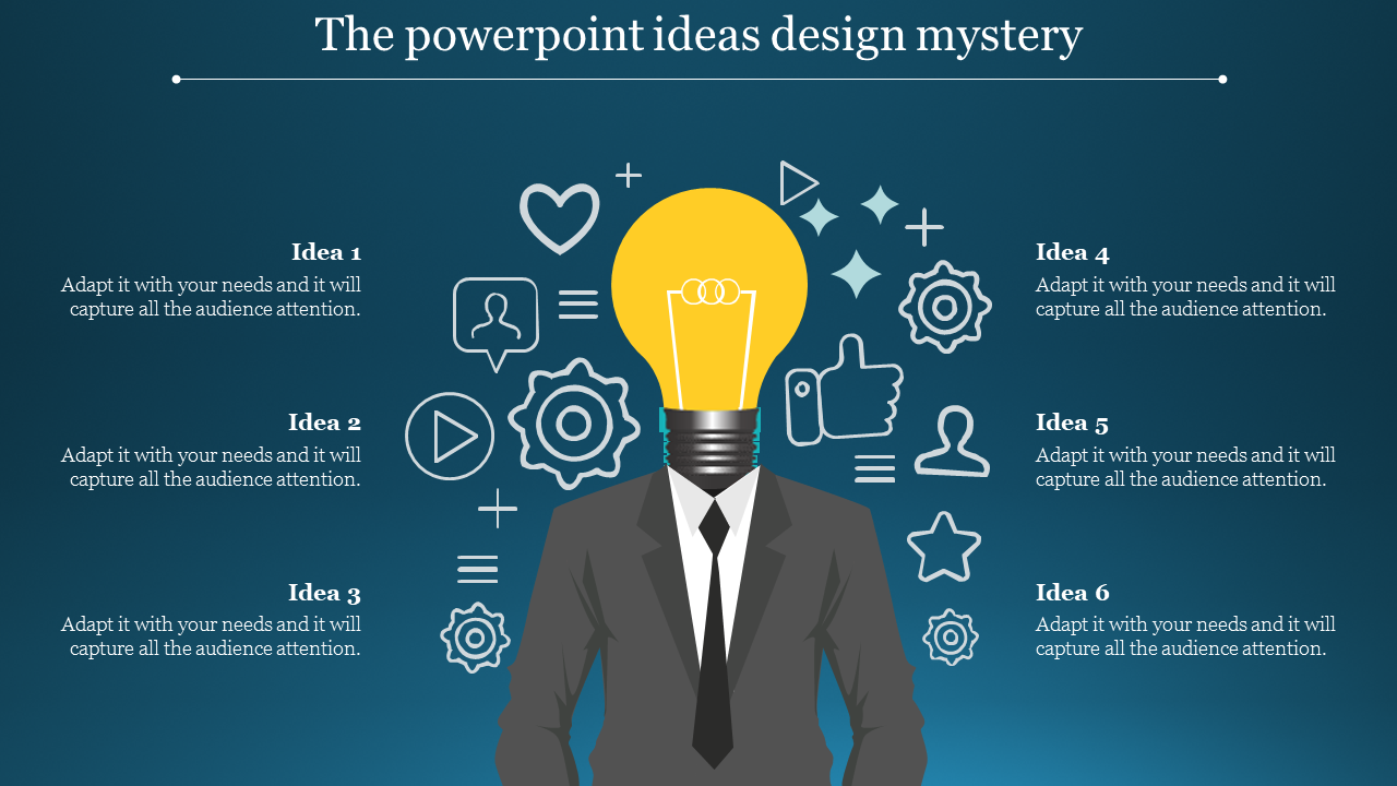 Slide featuring a character with a lightbulb head, illustrating creative design ideas with icons and placeholder text.