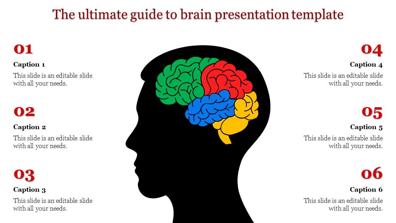 A brain diagram slide is divided into colored regions within a head silhouette, accompanied by six caption areas around it.