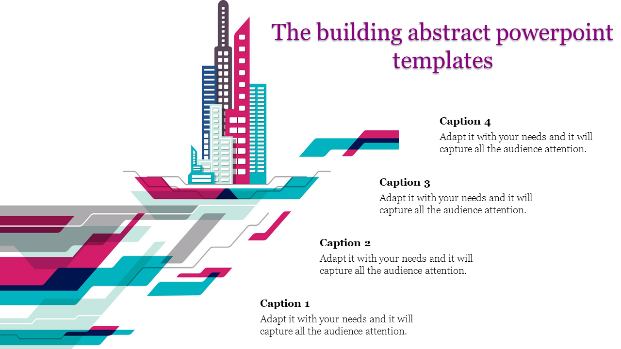 Abstract PowerPoint template with colorful geometric designs and a modern cityscape illustration with captions.