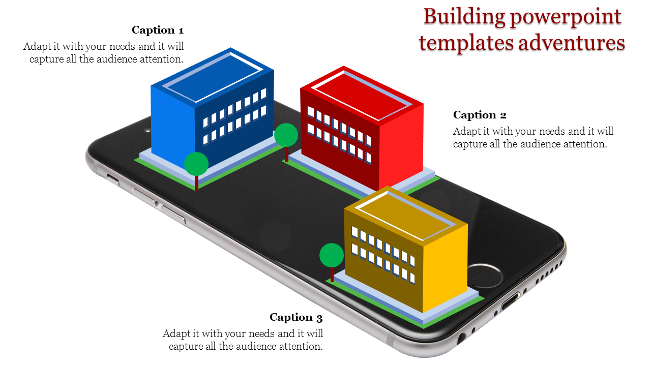 Building PowerPoint template featuring colorful buildings arranged on a smartphone screen with captions.