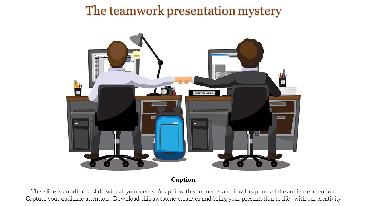 Illustration of two colleagues seated at desks collaborating with a fist bump symbolizing teamwork in a professional setting.