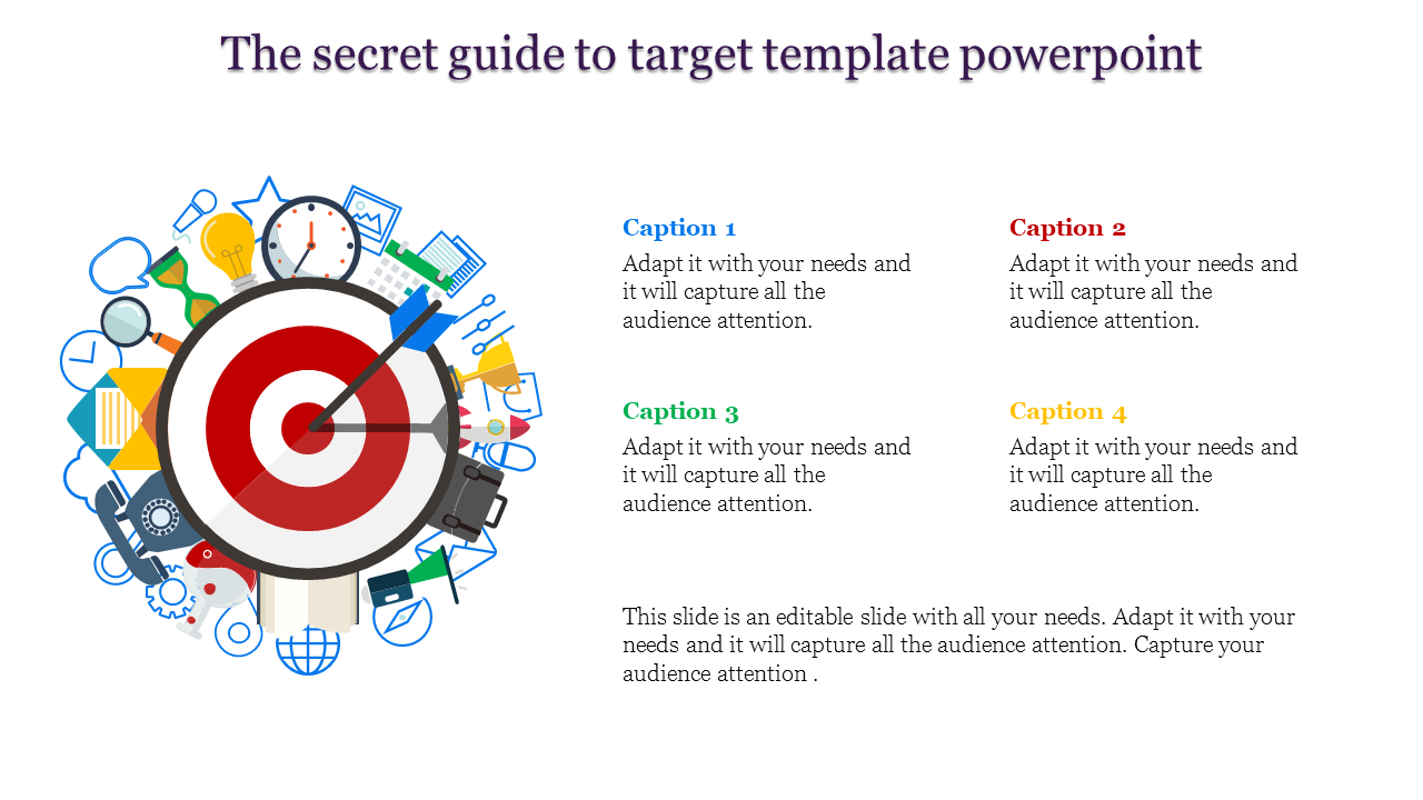 Target themed PowerPoint slide with a bullseye graphic surrounded by colorful icons and four numbered captions.