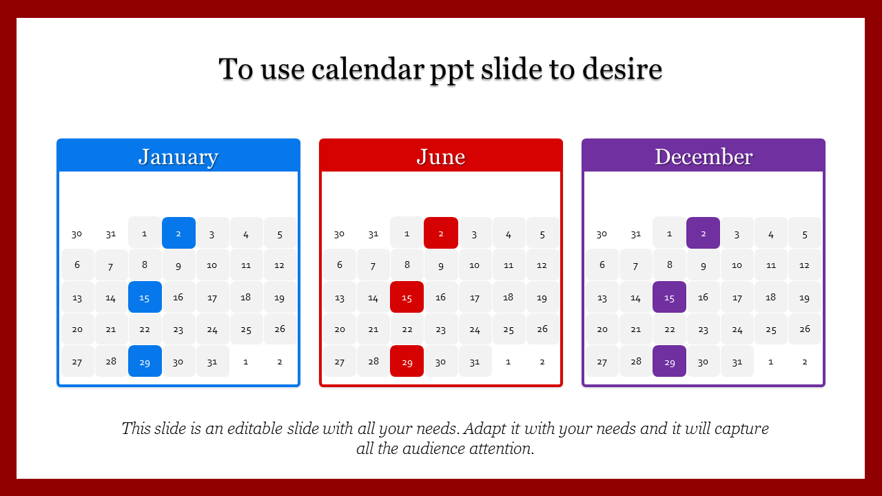 Three monthly calendars for January, June, and December with highlighted dates in blue, red, and purple.