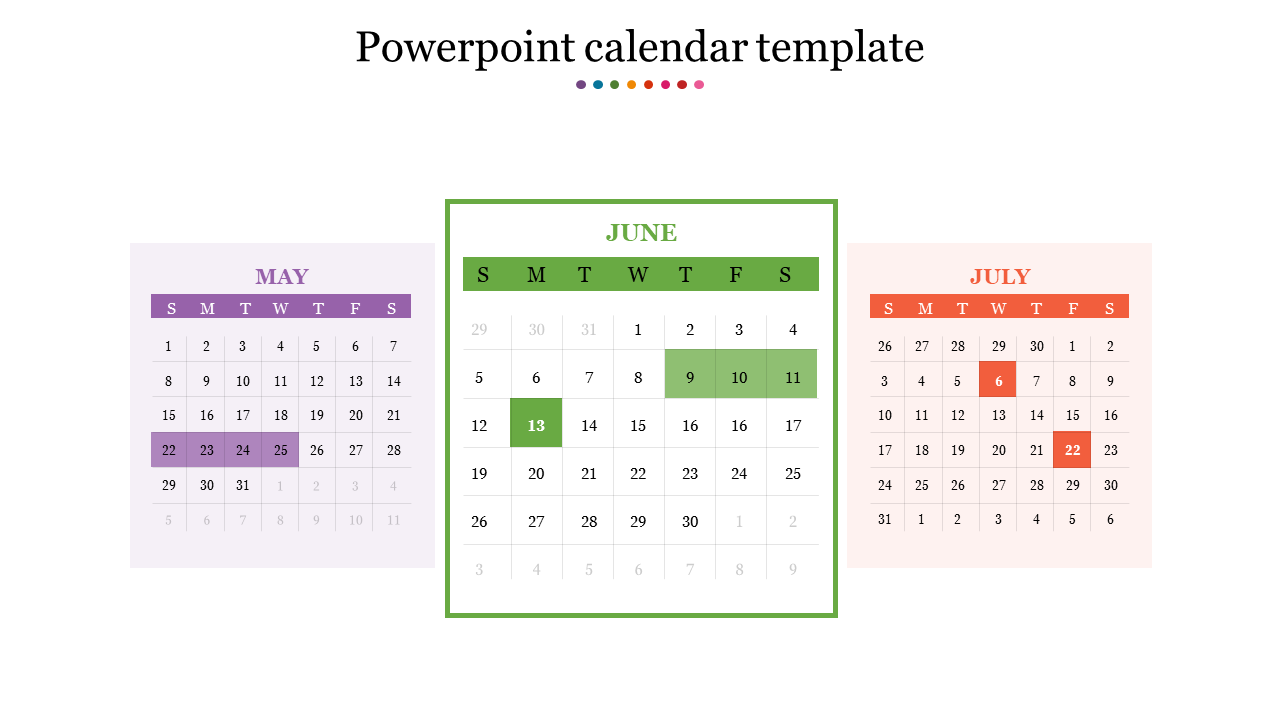 Calendar PPT template for May, June, and July 2025, with color coded dates and months.