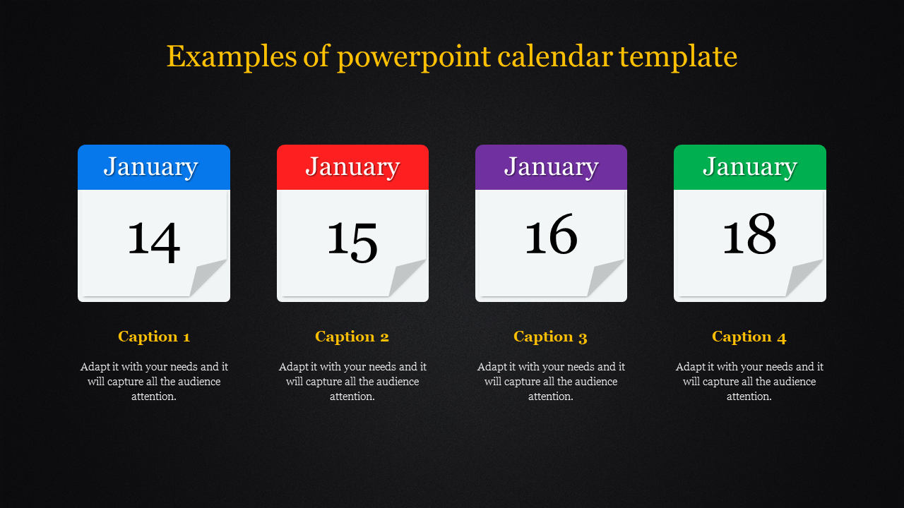 Calendar templates in four color variations for January dates 14, 15, 16, and 18, with individual captions below each.