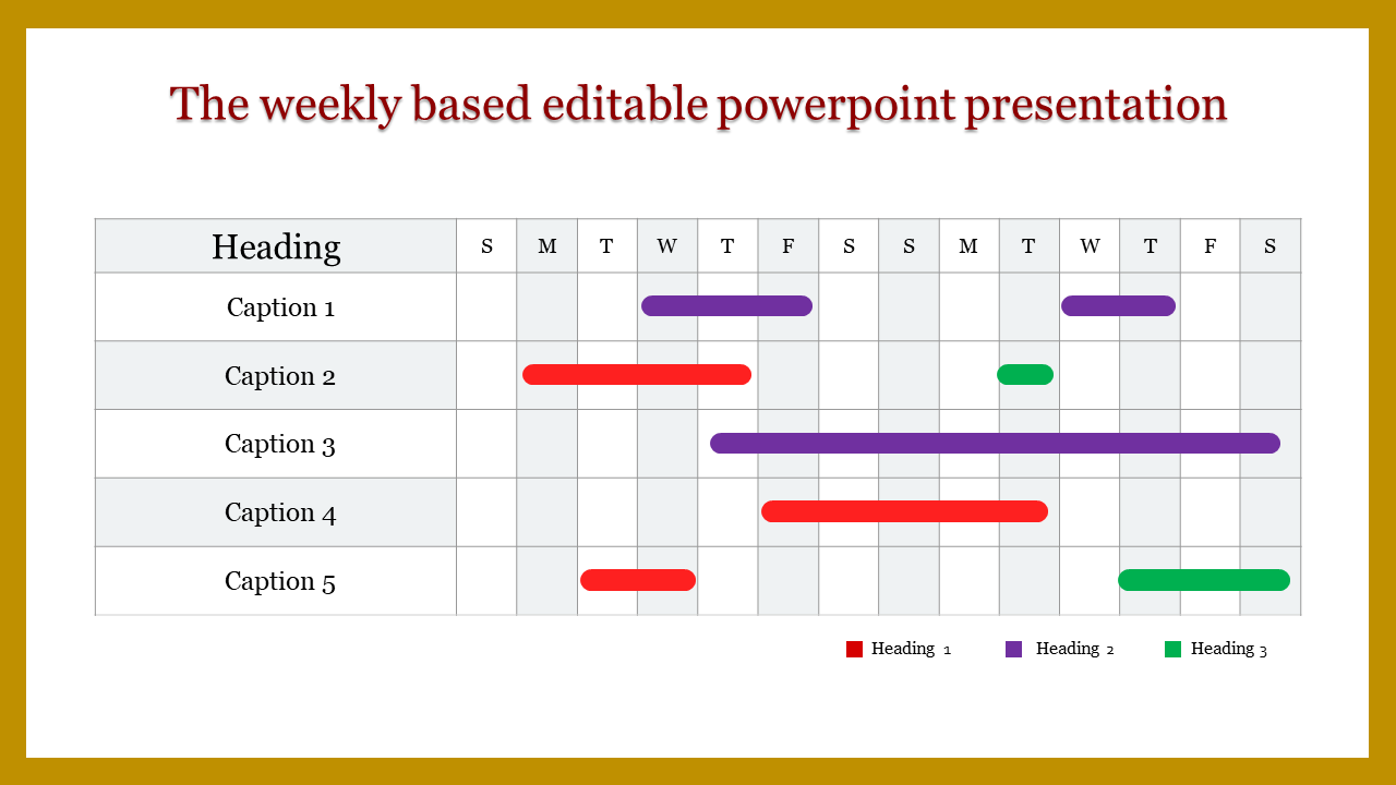 Weekly schedule table with rows labeled by captions and columns for days, highlighting tasks in red, purple, and green bars.