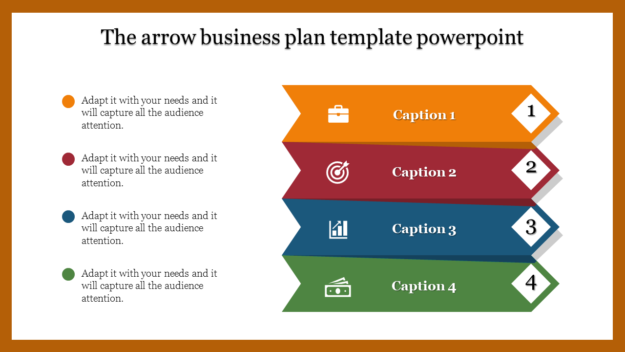 A business plan PowerPoint template with four colorful arrows and corresponding icons for each step.