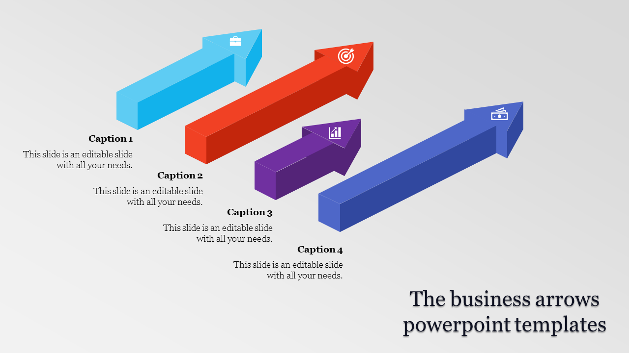 Four 3D arrows in different colors representing business concepts, each with a caption and icons.