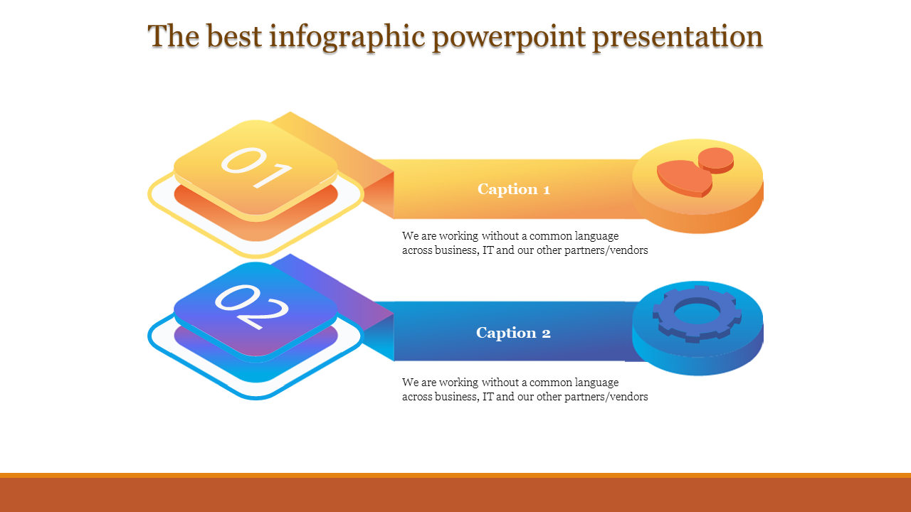 Two step infographic layout with yellow and blue gradient boxes labeled 01 and 02, linked to icons and captions.