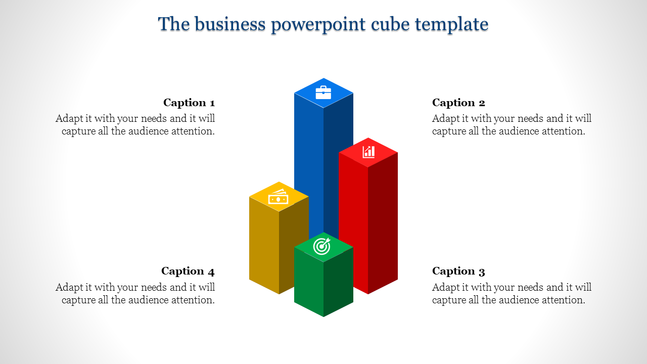 A business PPT template featuring four colorful cube model graphs with icons and captions for each step.