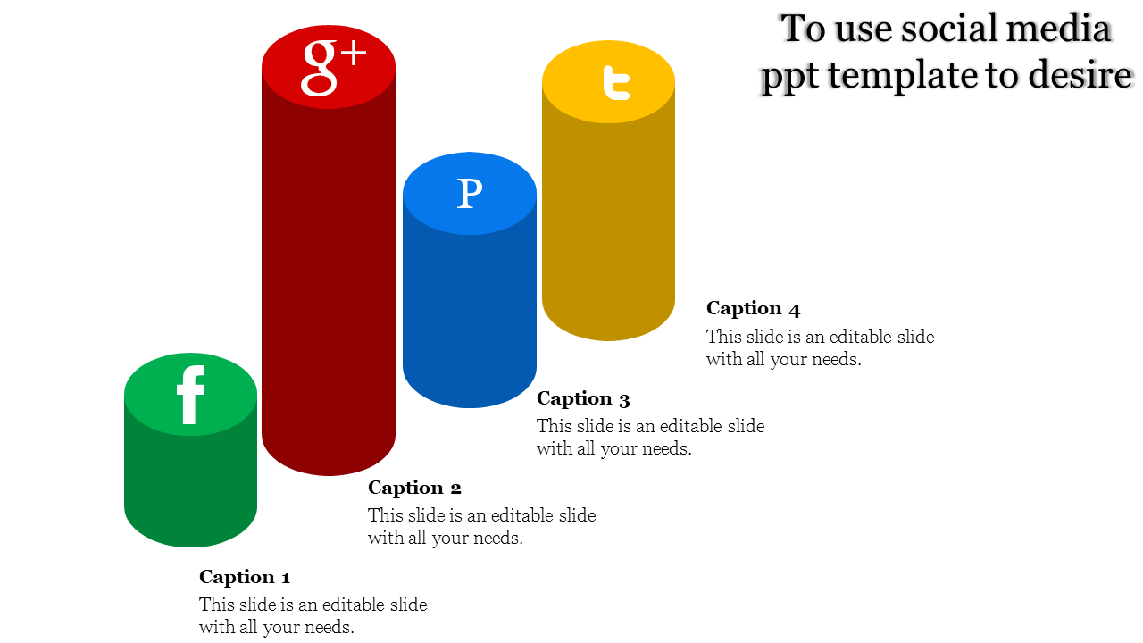 Social media template featuring cylindrical icons for Facebook, Google+, Pinterest, and Twitter with captions.