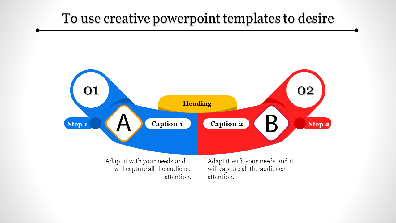 Slide featuring a symmetrical infographic with blue and red curved sections, labeled A and B, and descriptive captions.