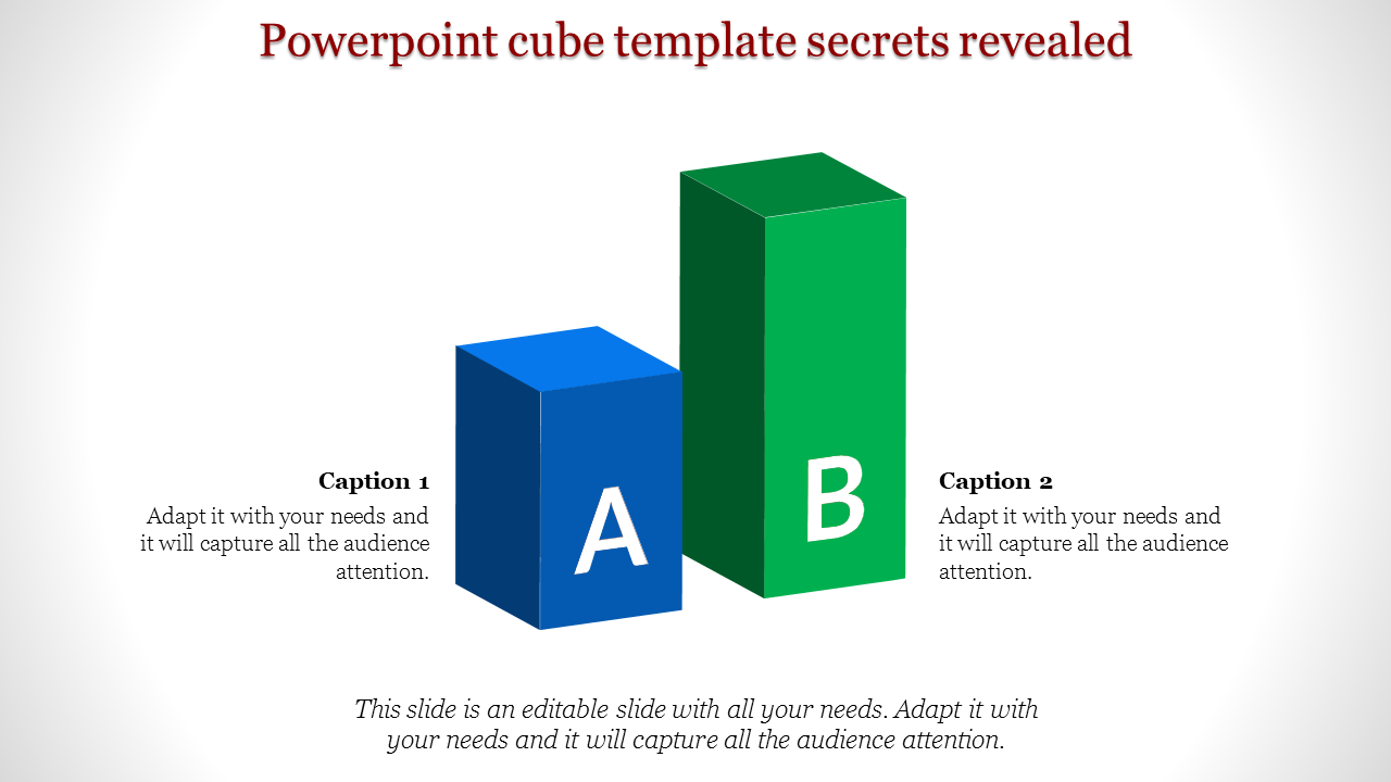 PowerPoint cube template with labeled blue and green cubes and captions for clear data visualization.