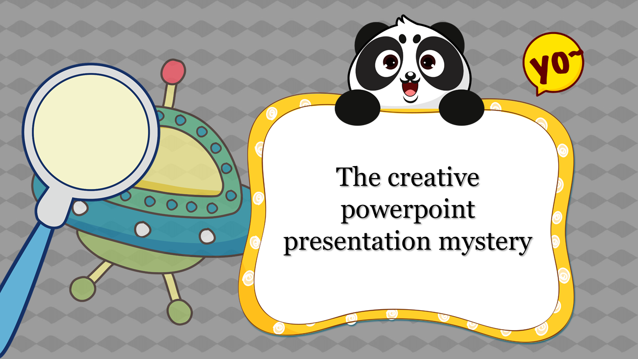 Creative PPT slide featuring a panda peeking over a decorative frame with playful elements like a UFO and magnifying glass.