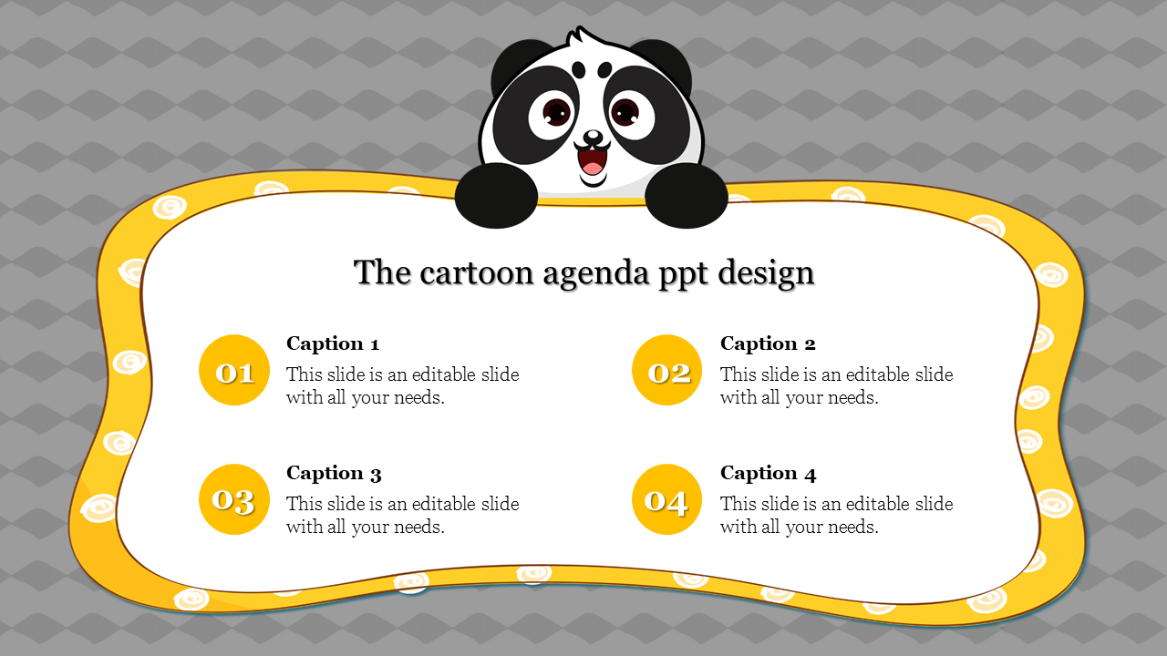 Cartoon agenda panda at the top of a wavy white board framed in yellow, displaying four numbered caption areas.