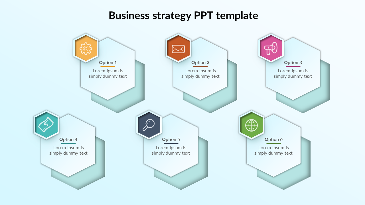 Slide layout featuring six hexagonal shapes with icons and descriptive text, displayed on a light blue gradient background.