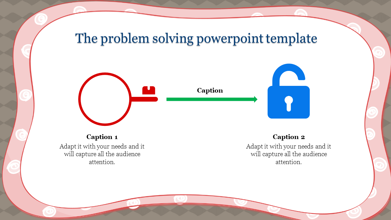 Problem solving PowerPoint template featuring a red key, a green arrow, and a blue unlocked padlock symbol.