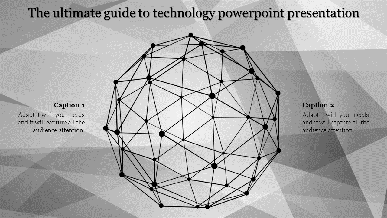 Slide with a 3D sphere made of interconnected lines and nodes, set against a geometric gray gradient background.