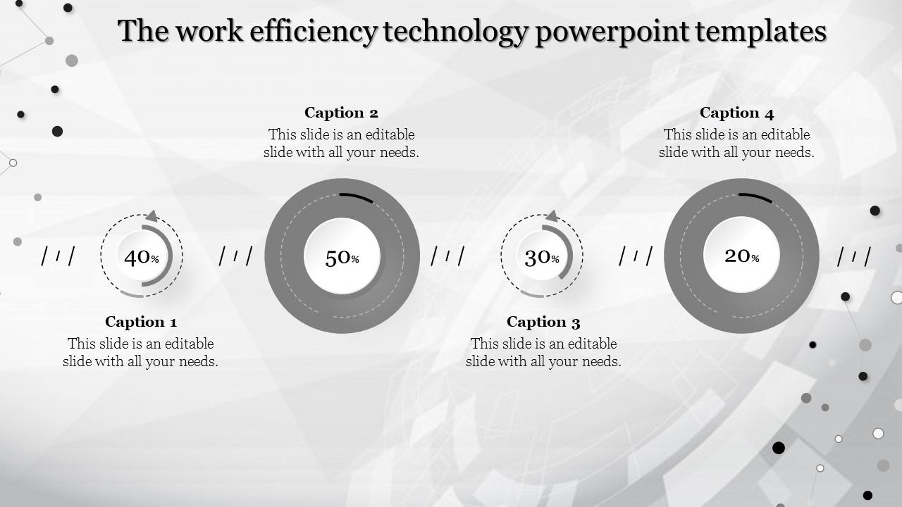 Monochrome technology PowerPoint template showcasing circular percentage charts for work efficiency with captions.