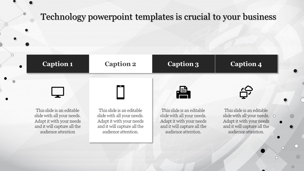 Monochrome technology PPT with four sections featuring icons for computer, mobile, printer, and cloud with placeholder text.