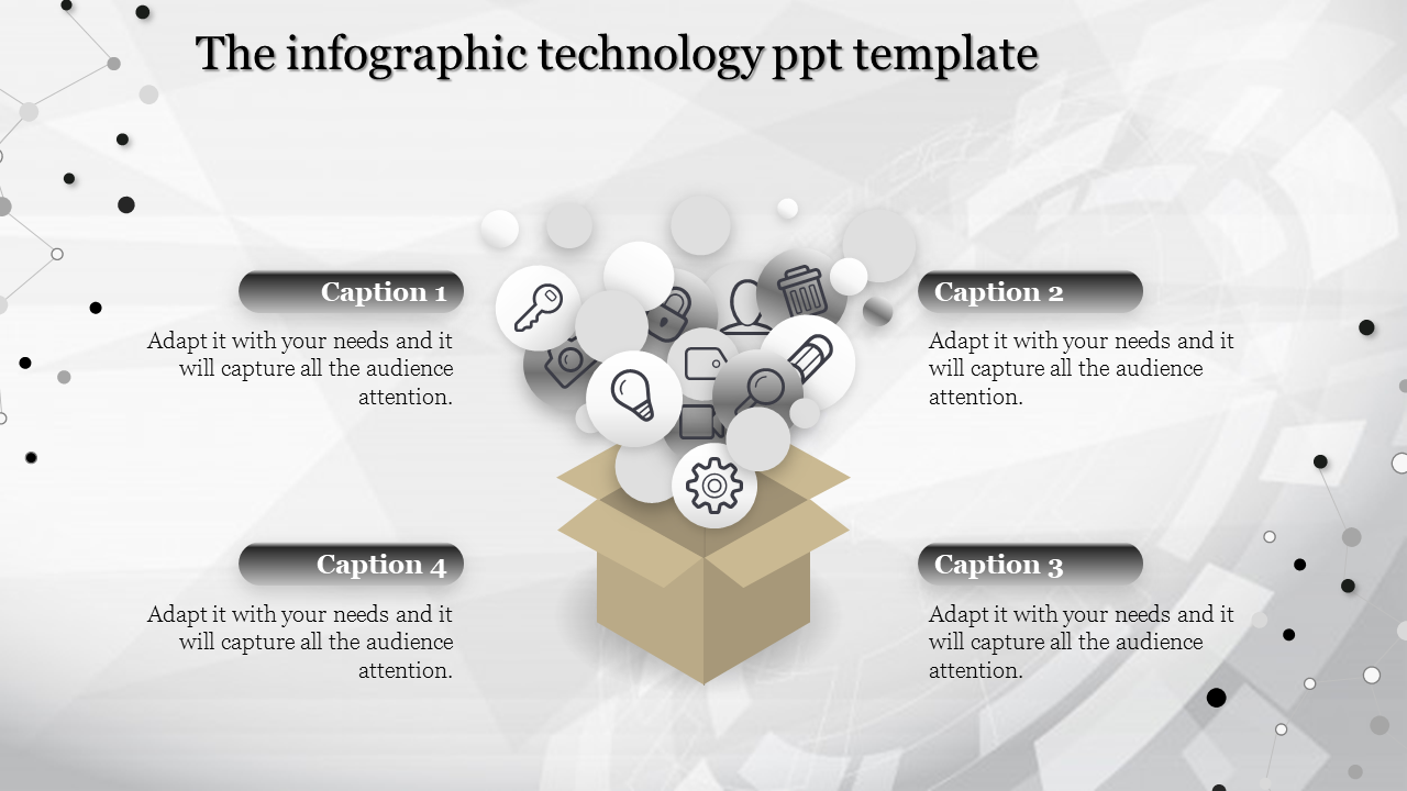 Infographic technology template featuring a box with floating icons, surrounded by four captions on a modern background.