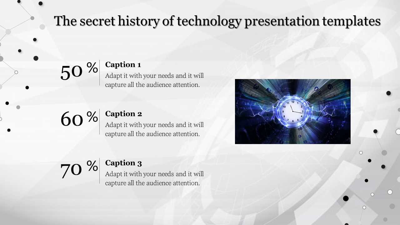 A PPT slide with technology themed showing percentages and related images representing time and progress with captions.