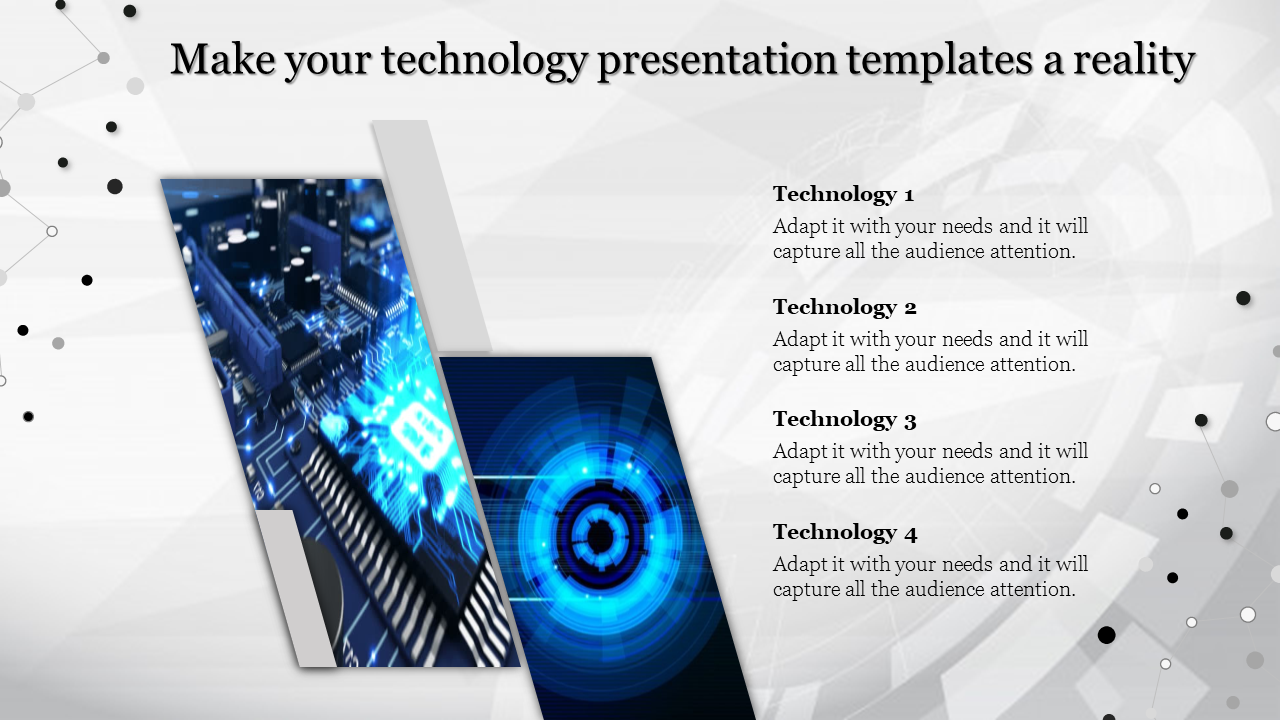 A PowerPoint slide featuring four distinct digital designs, each symbolizing a different technology topic.