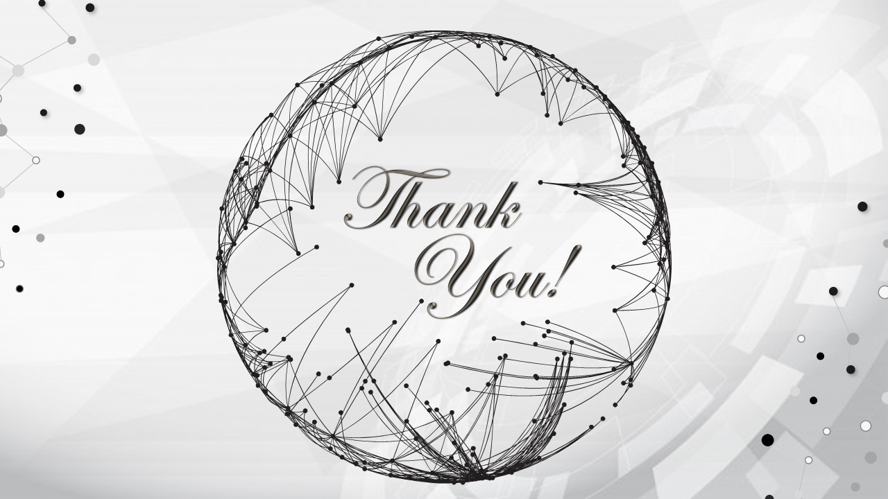 Elegant Thank You slide with a geometric circular design and black connecting lines on a light grey background.