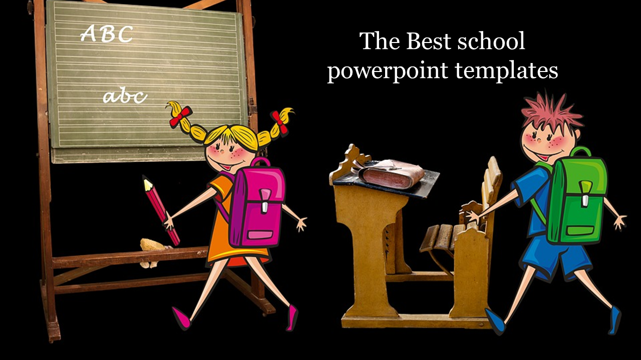 School themed PowerPoint slide featuring cartoon children, a chalkboard, and a vintage wooden desk on a black background.