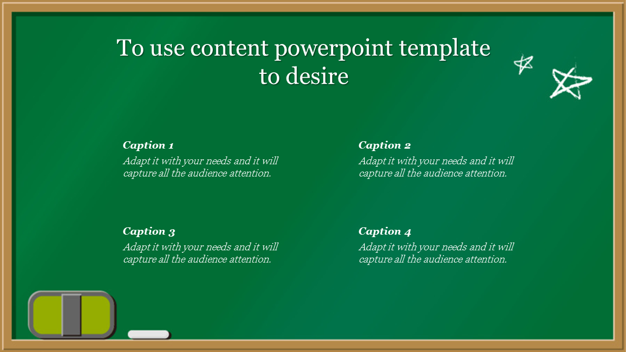 Content focused PowerPoint slide featuring a classroom blackboard design and captions.